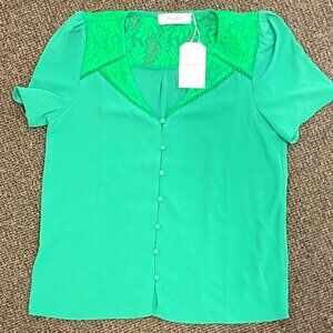 Green BERTHIE Catherine Spring Blouse / Lace On Back, Front Buttons / Size 4